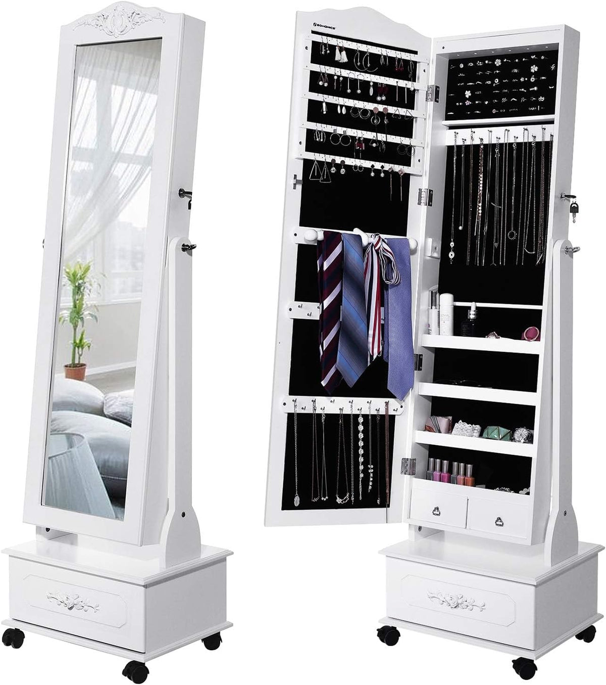 Schmuckschrank mit Spiegel LED 45x45x156 cm Weiss von Songmics