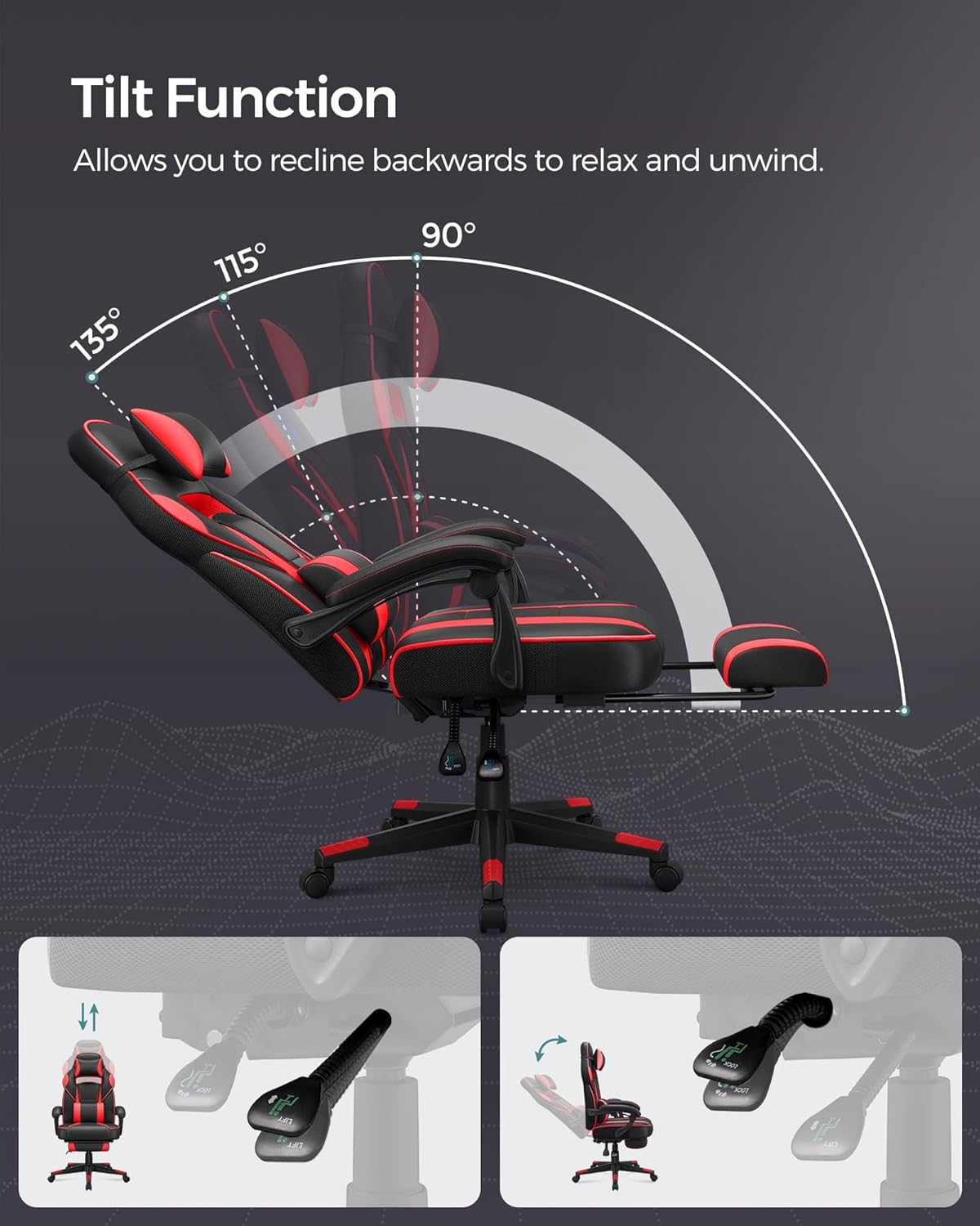 Gaming Stuhl mit Fußstütze und Kopfstütze ergonomisch von Songmics