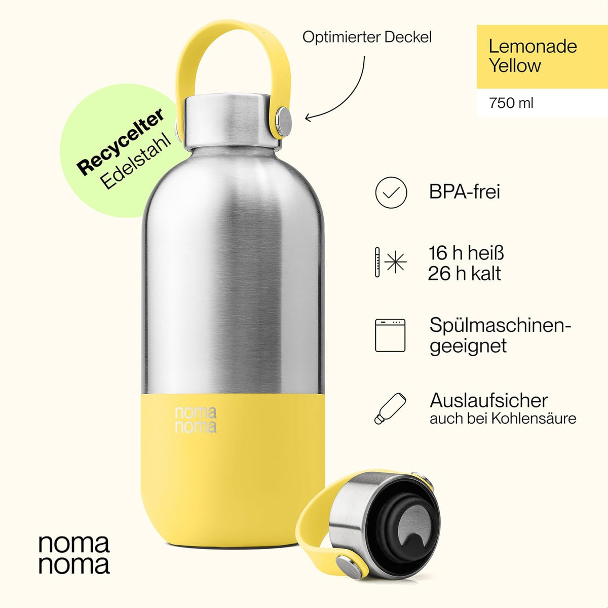 Trinkflasche Edelstahl auslaufsicher 750ml Lemonade Yellow von guteszeug.ch