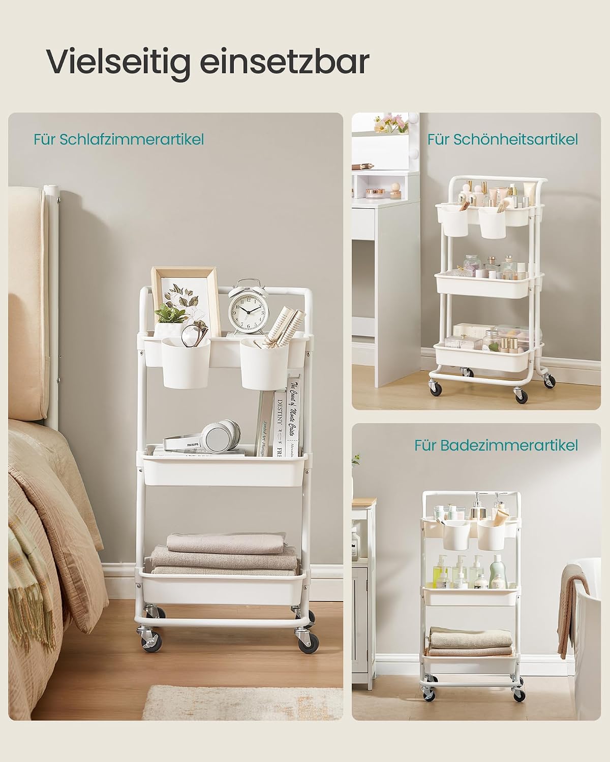 Rollwagen 3 Ablagen 2 Hängefächer 86 cm Weiss von Songmics