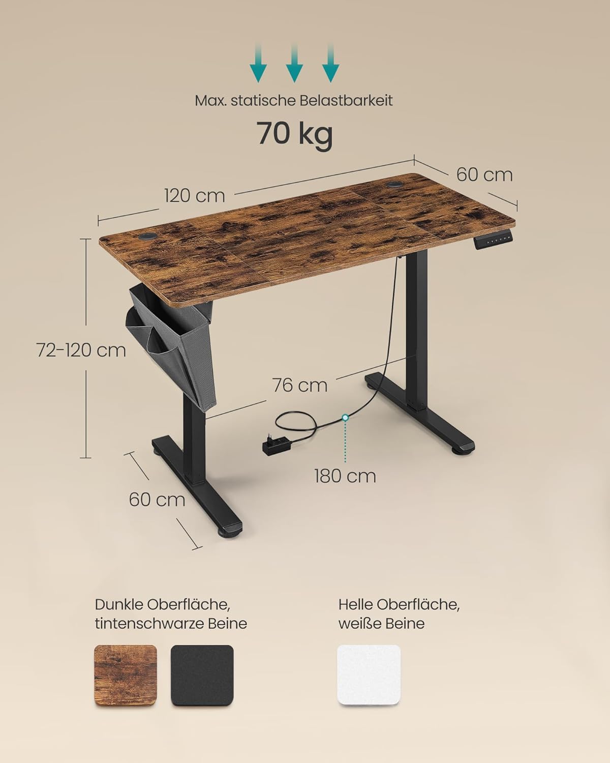 Schreibtisch elektrisch höhenverstellbar 120x60 cm Braun von guteszeug.ch