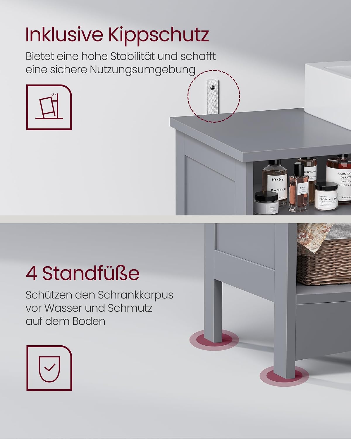 Waschbeckenunterschrank Badschrank 90x30x60 cm Taubengrau von Songmics