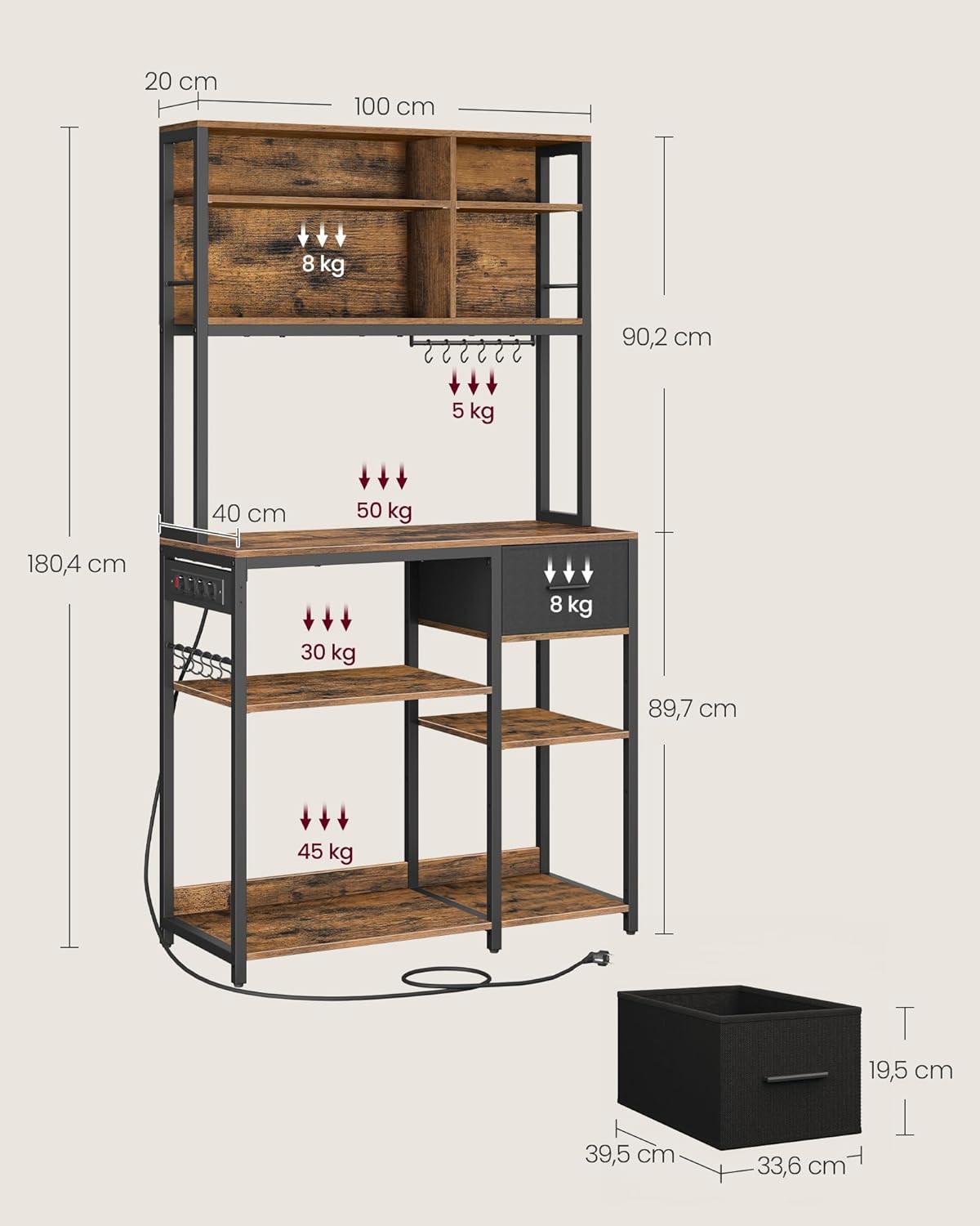 Küchenregal mit Steckdosen Standregal verstellbar 180 cm von Songmics