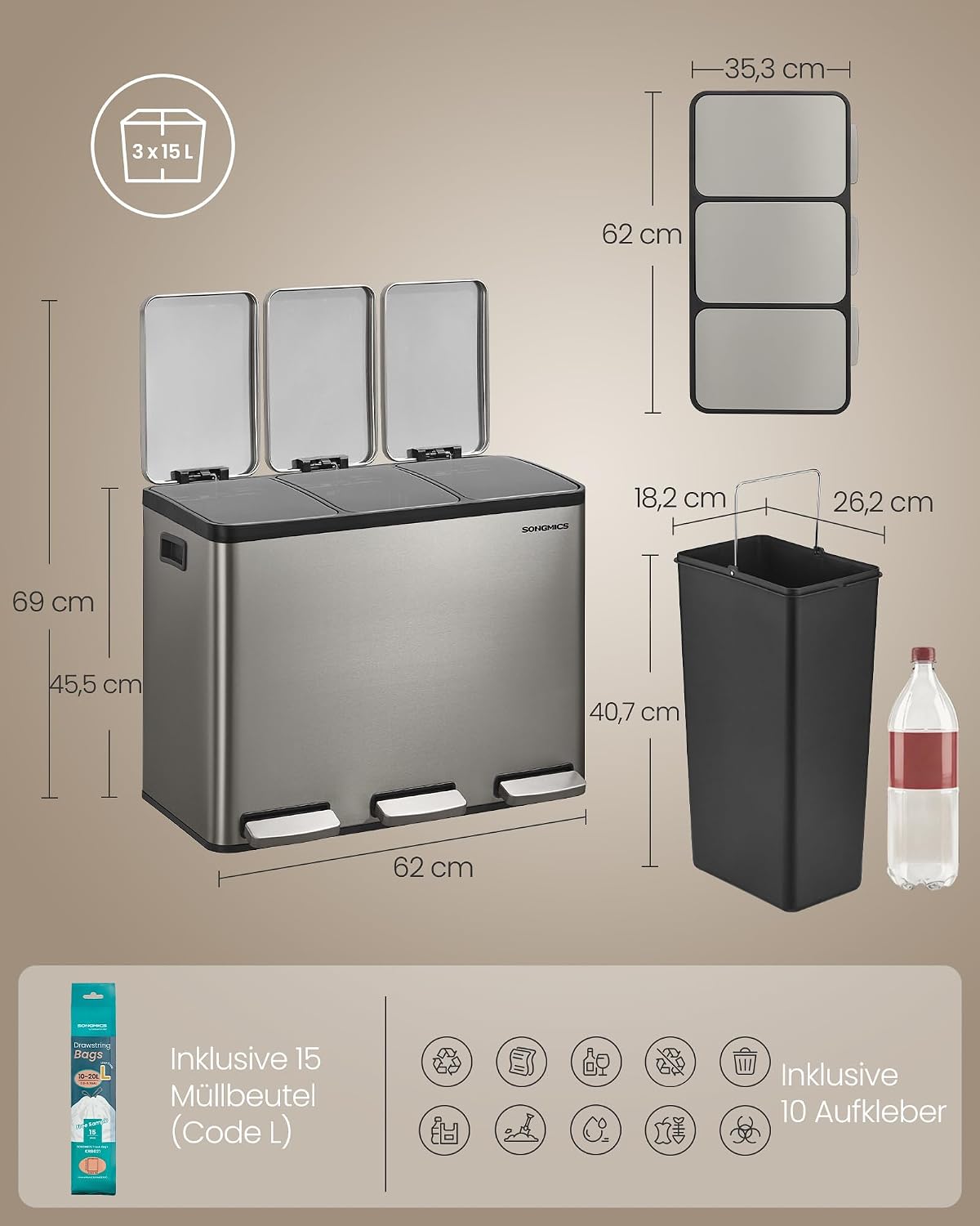 Mülleimer 3x15 l Dreifach Abfalleimer Edelstahl Silber von Songmics