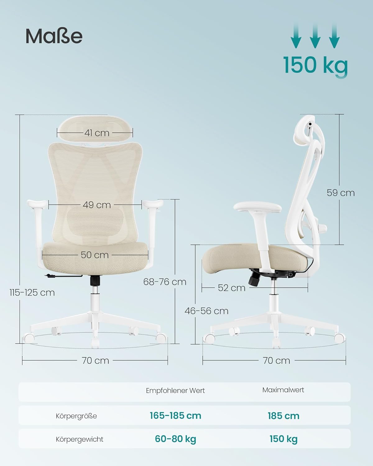 Ergonomischer Bürostuhl Netz höhenverstellbar bis 150 kg von Songmics