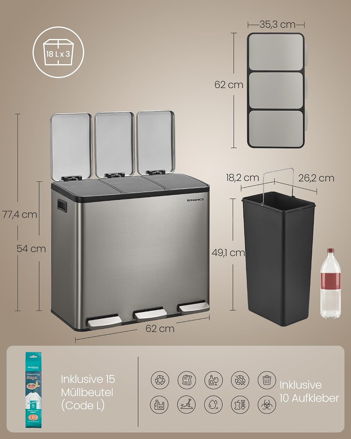 Abfalleimer 3x18 L 3 Fächer Edelstahl Ecru von Songmics