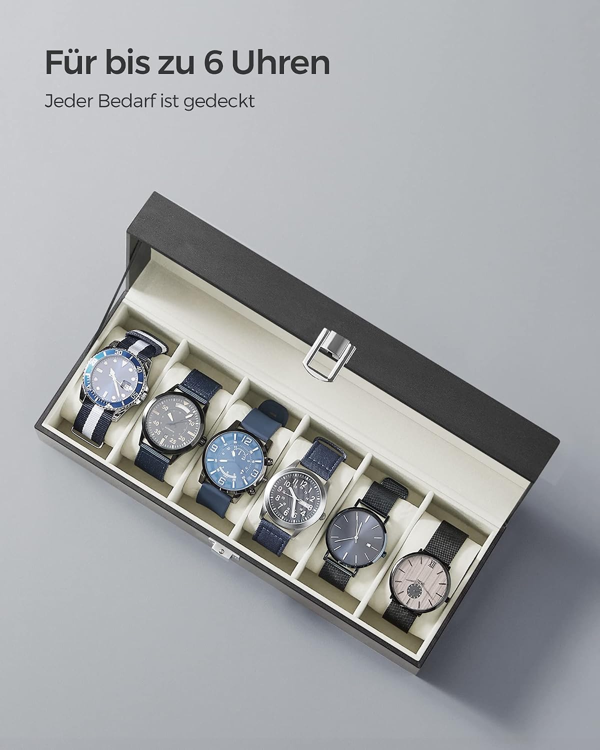 Uhrenbox 6 Fächer Uhrenorganizer Schwarz mit Glasdeckel von Songmics
