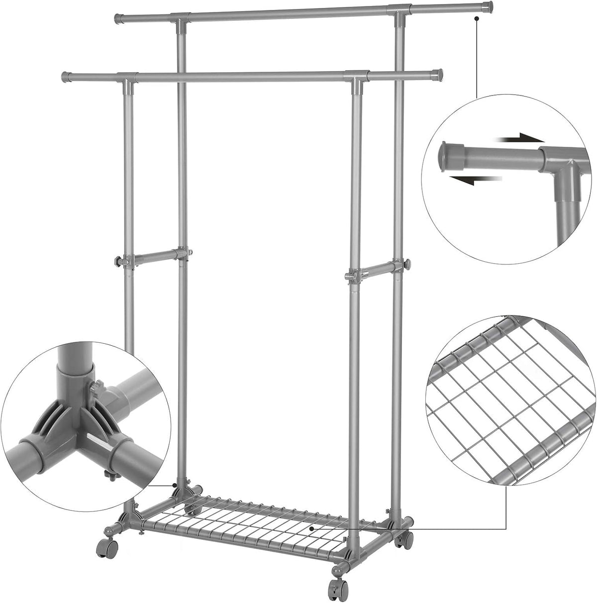 Kleiderständer auf Rollen 2 Stangen 87-150 cm Grau von Songmics