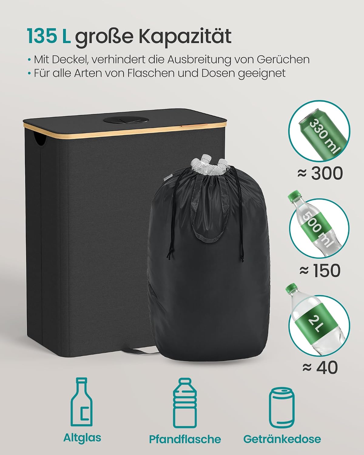 Recyclingbehälter 37 Gallonen Dosenbehälter Ink Schwarz von Songmics