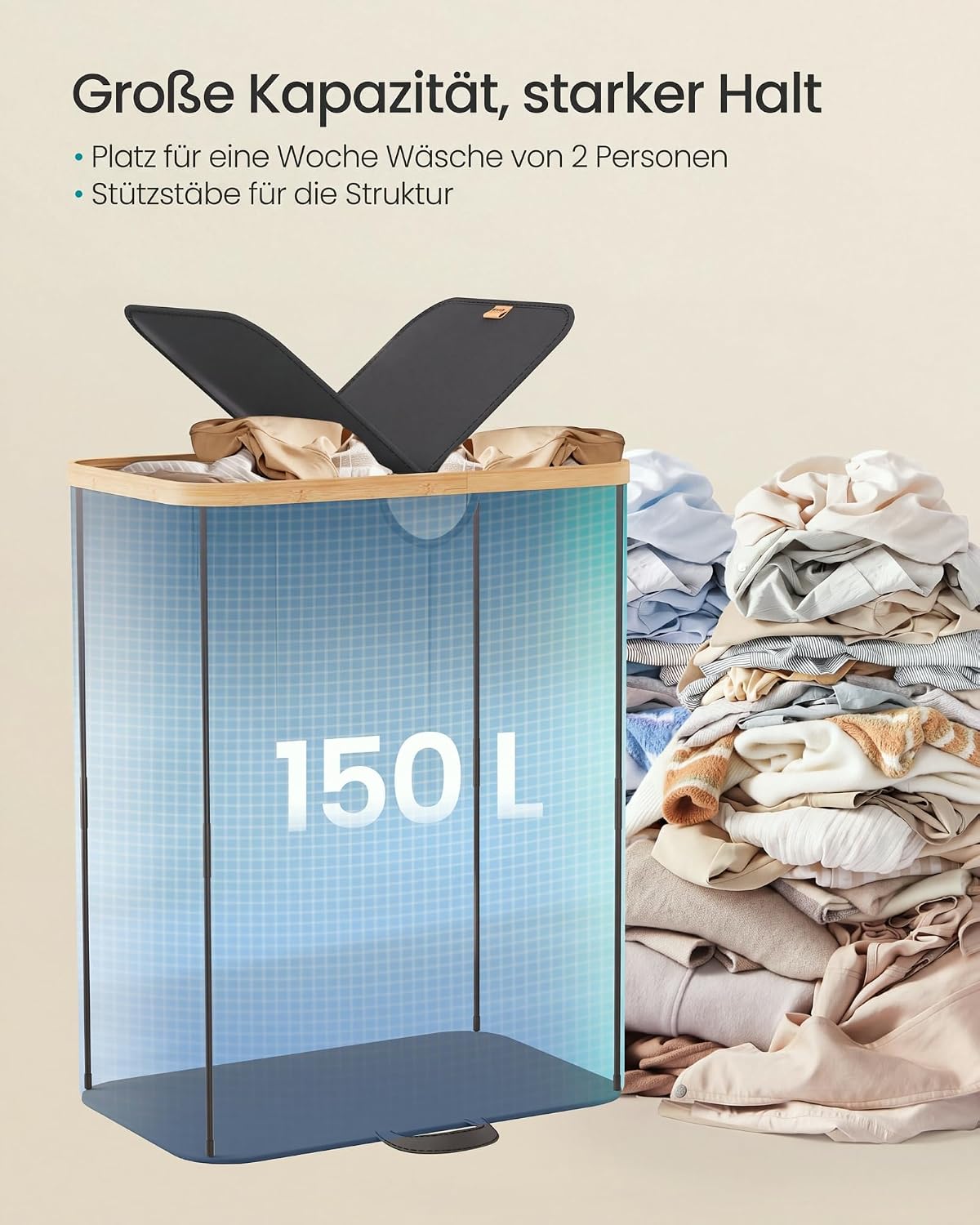 Wäschesammler 2 Fächer 150 l 52x38x75 cm Schwarz Beige von Songmics