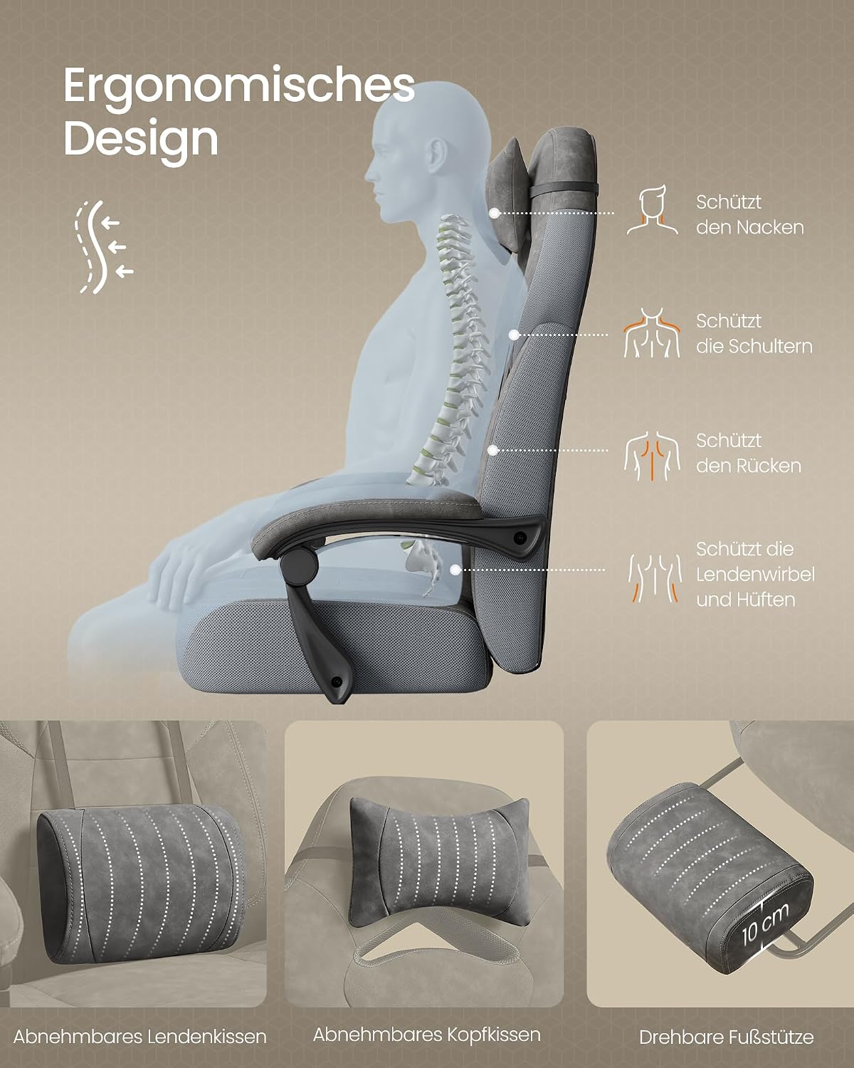 Gamingstuhl ergonomisch 150 kg Schiefergrau Fussstütze von Songmics