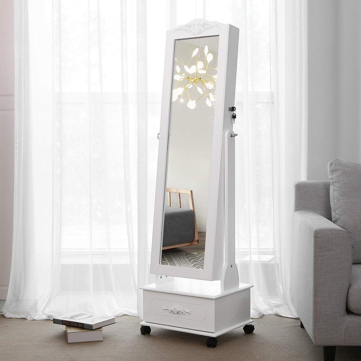 Schmuckschrank mit Spiegel LED 45x45x156 cm Weiss von Songmics