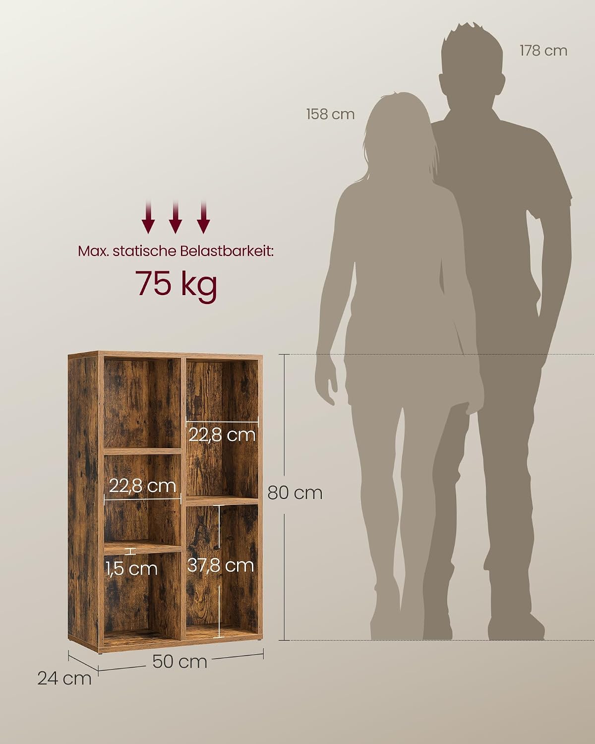 Bücherregal 5 Fächer 50x24x80 cm Rustikal Braun von Songmics
