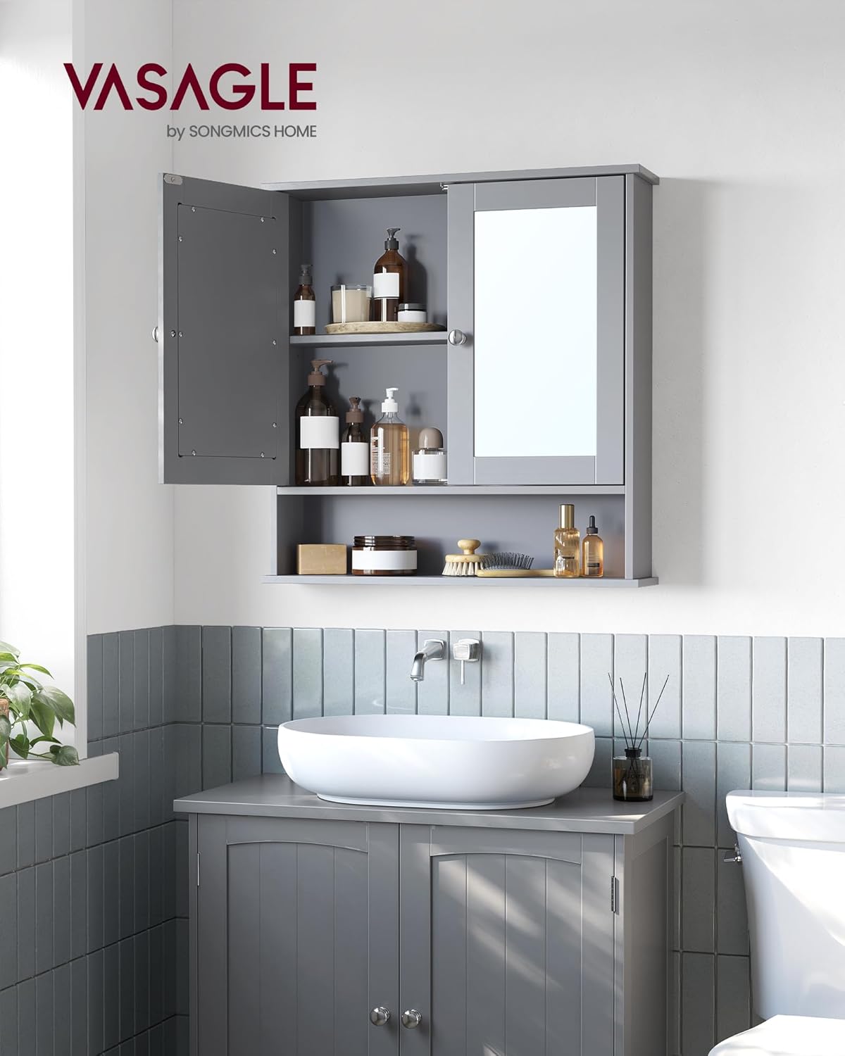 Spiegelschrank Bad Hängeschrank 2 Türen grau 57x59cm von Songmics