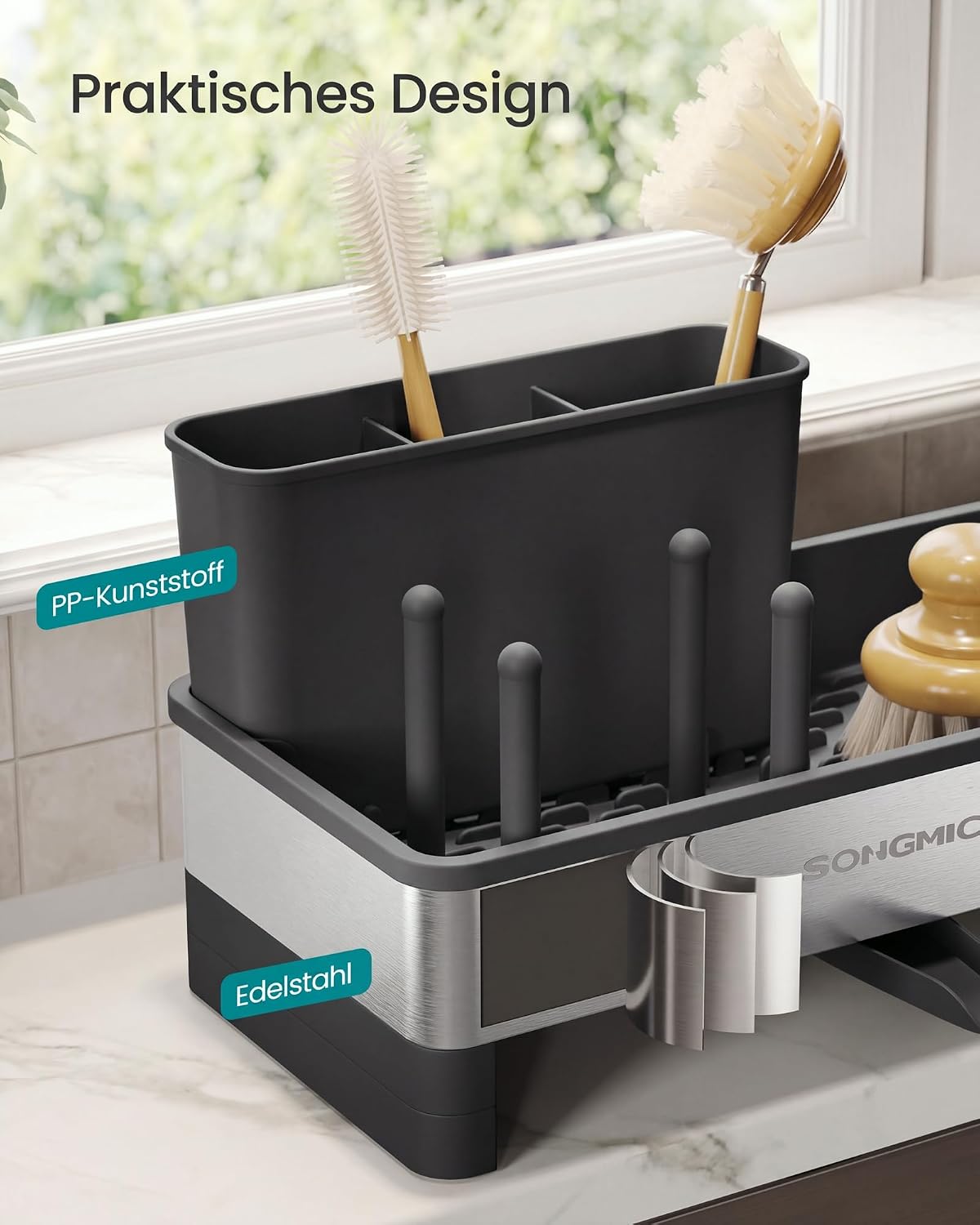 Spülbecken-Organizer 24,7x12,7x23 cm Edelstahl Schwarz von Songmics