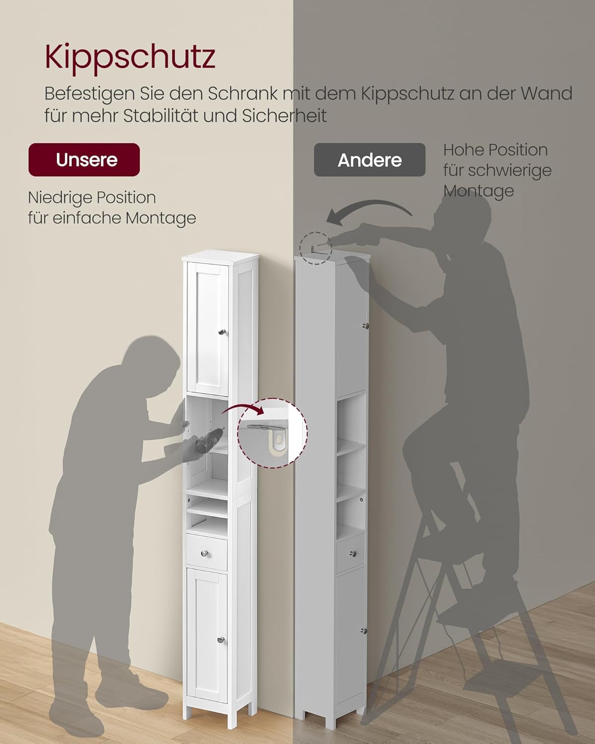 Badezimmerschrank hoch schmal mit Schublade und Ablagen weiß von Songmics