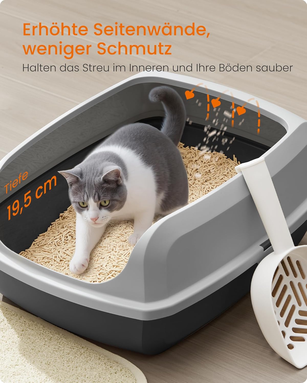 Katzentoilette XL offen hohe Seitenwände mit Schaufel grau von Songmics