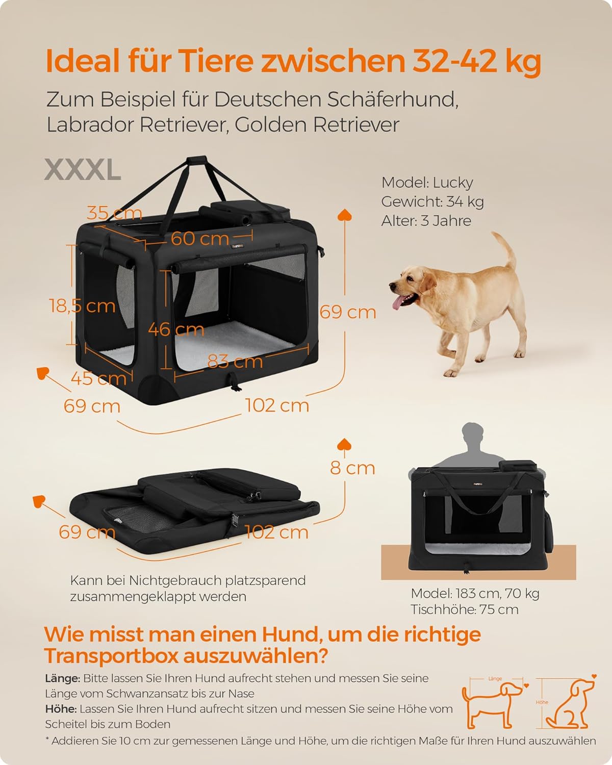 Faltbare Hundebox XXXL 102x69cm schwarz atmungsaktiv von Songmics