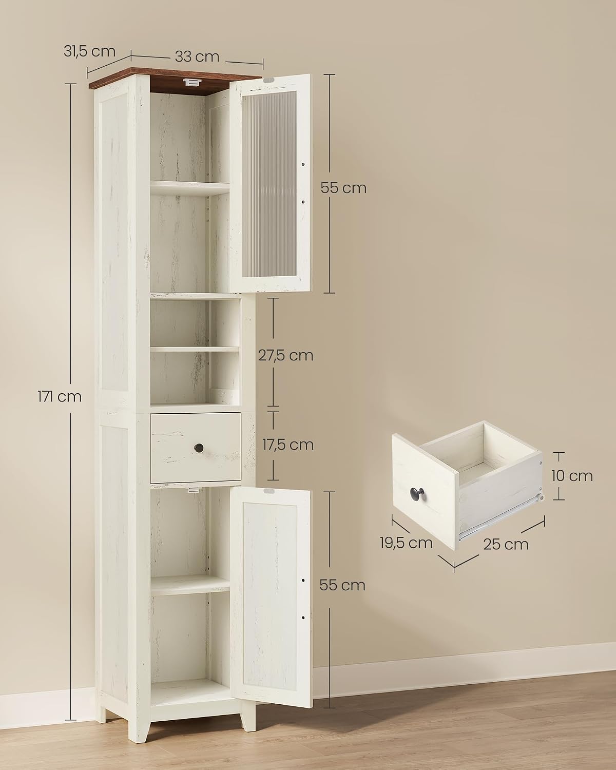 Badezimmerschrank Hochschrank 33x31,5x171 cm Weiss von Songmics