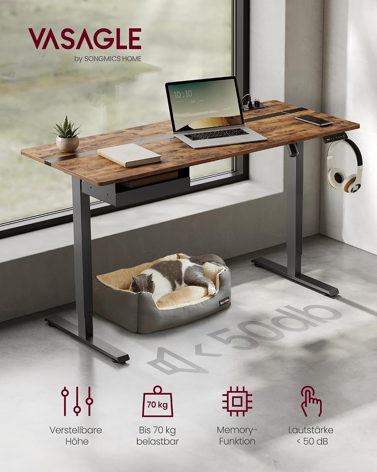 Schreibtisch elektrisch höhenverstellbar 140x60 cm Braun von Songmics