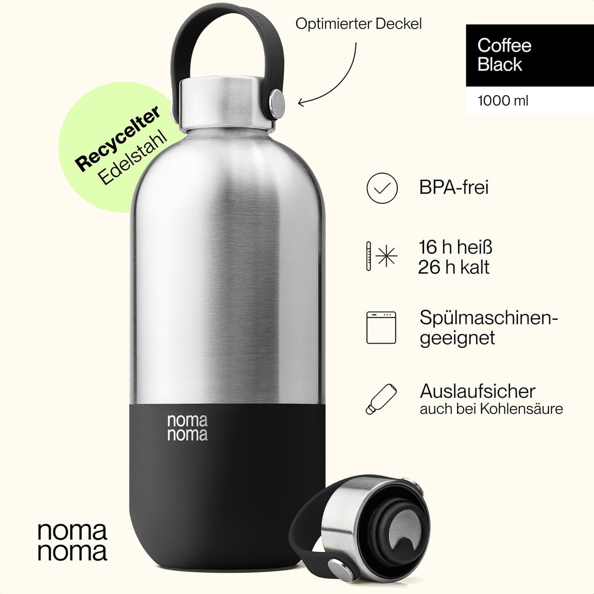 Trinkflasche Edelstahl auslaufsicher 1000ml Coffee Black von guteszeug.ch