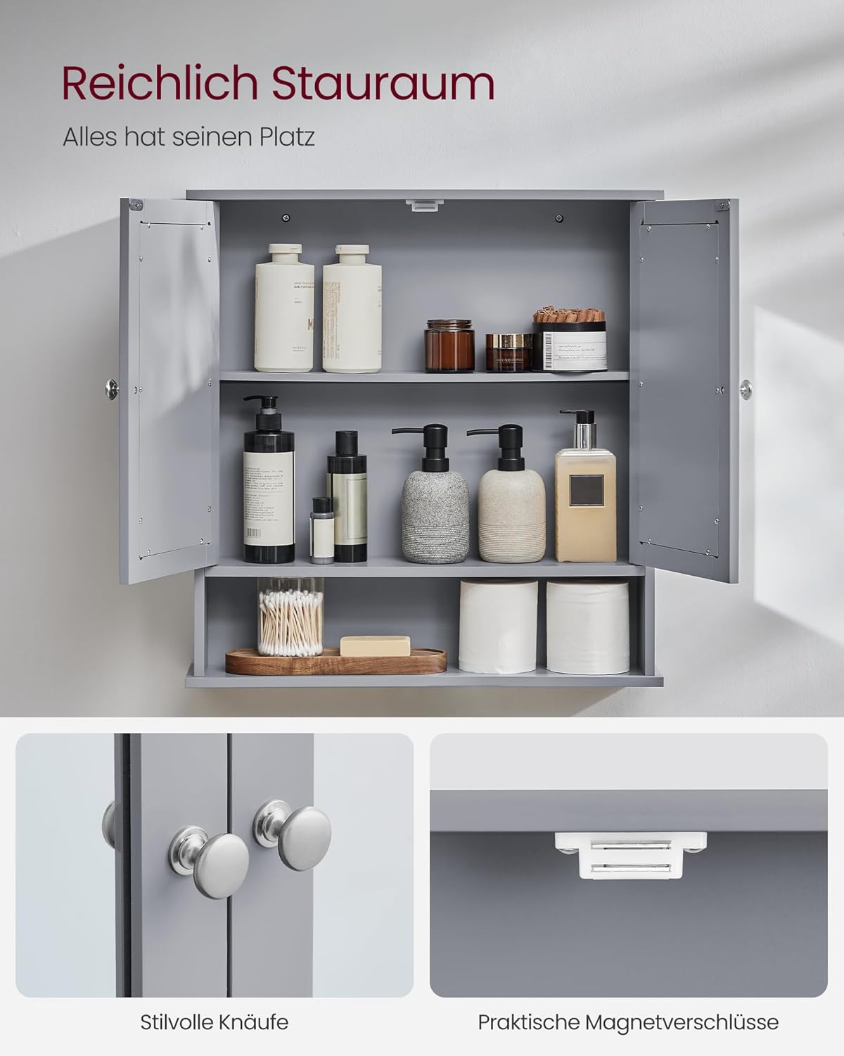 Spiegelschrank Bad Hängeschrank 2 Türen grau 57x59cm von Songmics