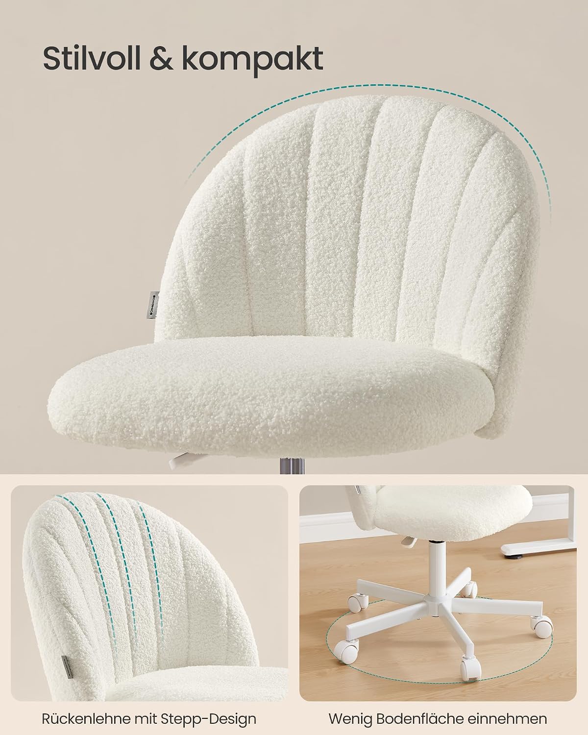 Bürostuhl Drehstuhl Teddyfleece Cremeweiss 44-59 cm von Songmics