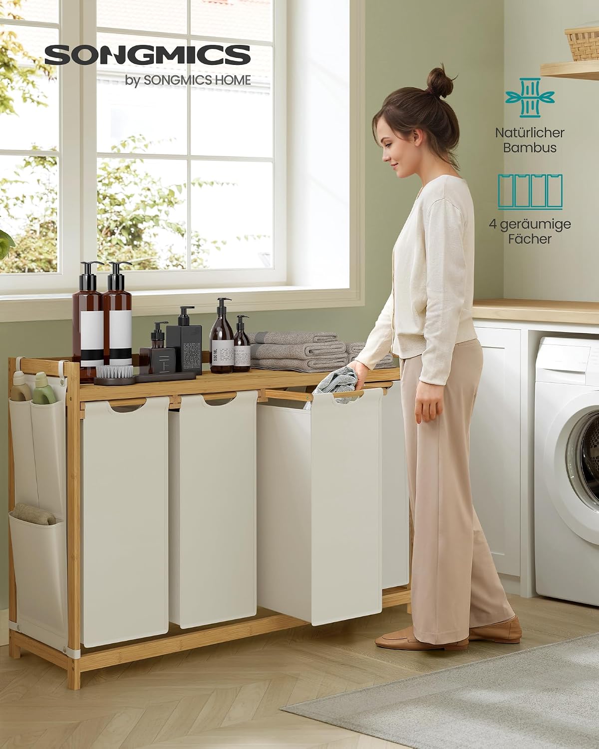 Wäschesortierer 4 Fächer 200 l Bambus Naturbeige von Songmics