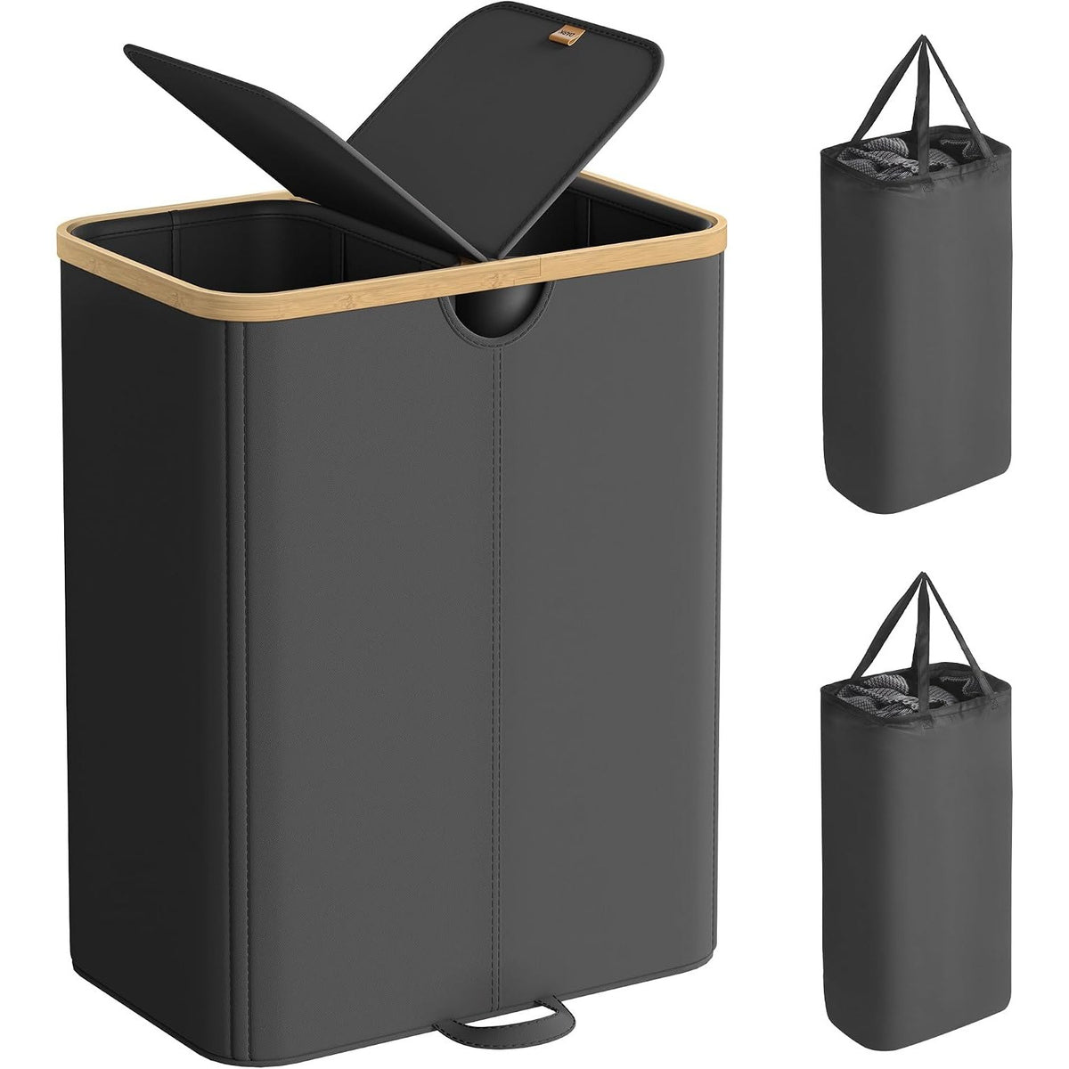 Wäschesammler 2 Fächer 150 l 52x38x75 cm Schwarz Beige von Songmics