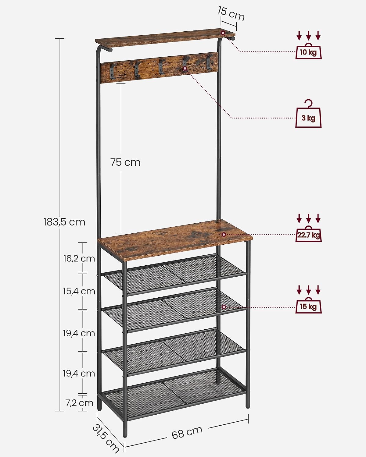 Garderobe Kleiderständer Schuhregal 68x31x183 cm Braun von Songmics