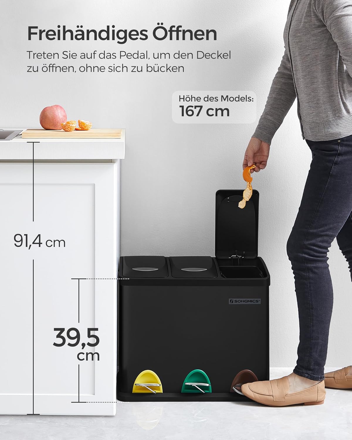 Mülleimer Küche 3x8L Mülltrennung Treteimer mit Deckel von Songmics