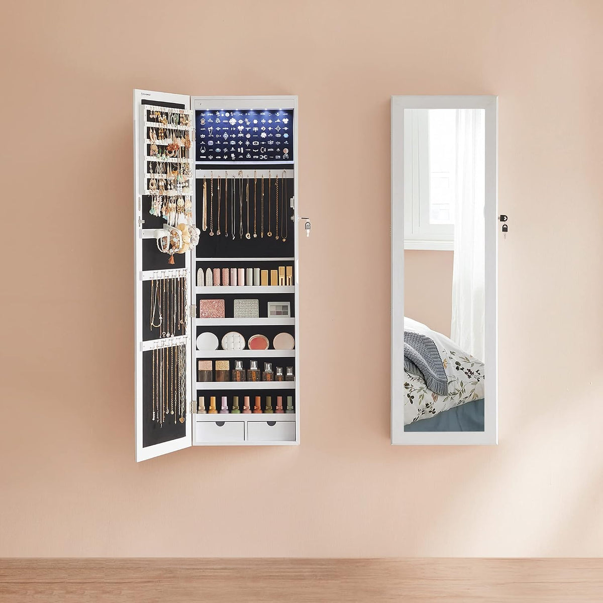Schmuckschrank mit Spiegel LED 37x10x120 cm Weiss von Songmics