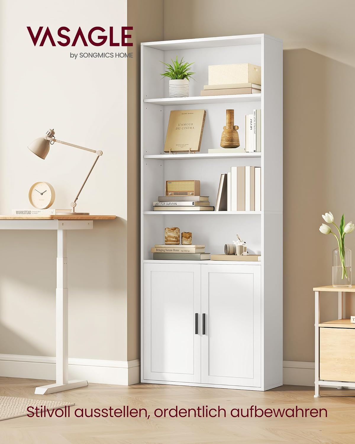 Bücherregal mit Türen 6 Ebenen 24x60x175 cm Weiß von Songmics