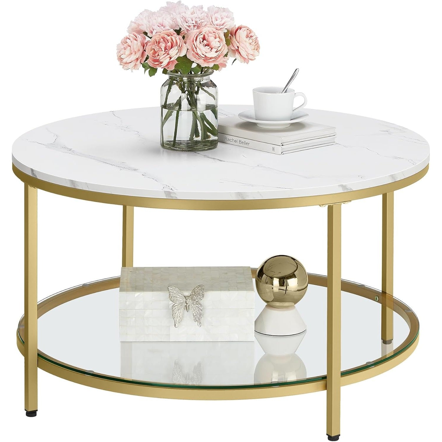 Couchtisch Glasplatte Marmor Optik Wohnzimmer Stauraum Gold von Songmics