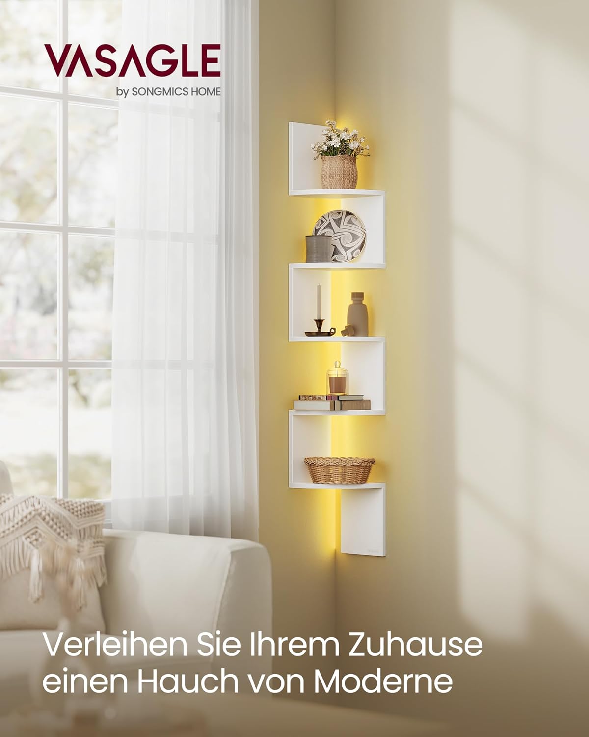 Eckregal mit LED 5 Ebenen Wandregal Schweberegal Weiß von Songmics