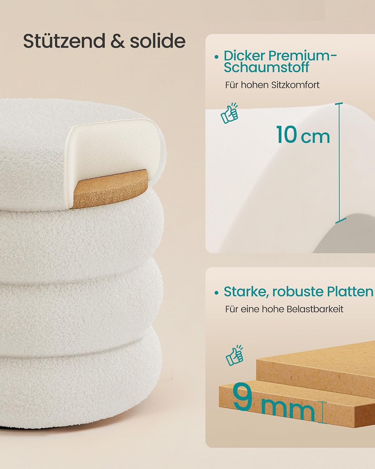 Sitzhocker Pouf mit Stauraum 43x43x47 cm Cremeweiss von Songmics