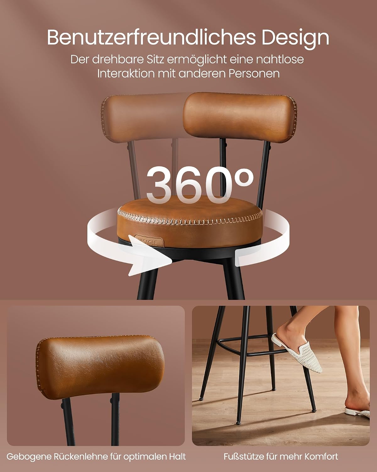 Barhocker 56x56x101 cm drehbar Kunstleder Karamell von Songmics