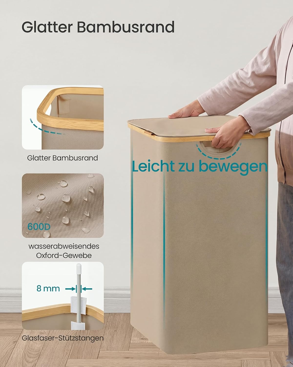 Wäschekorb 150 l 3 Fächer mit Deckel Kamelbraun von Songmics
