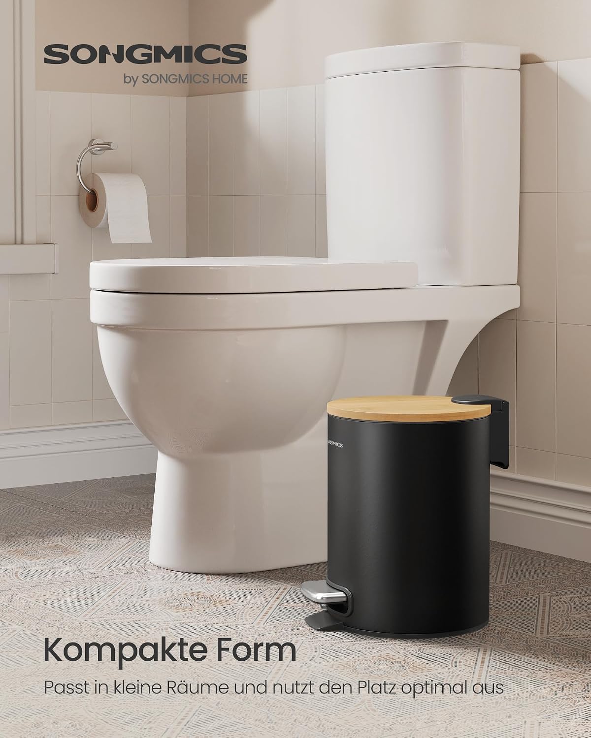 Mülleimer 3 l Pedaleimer Soft-Close Bambus schwarz von Songmics