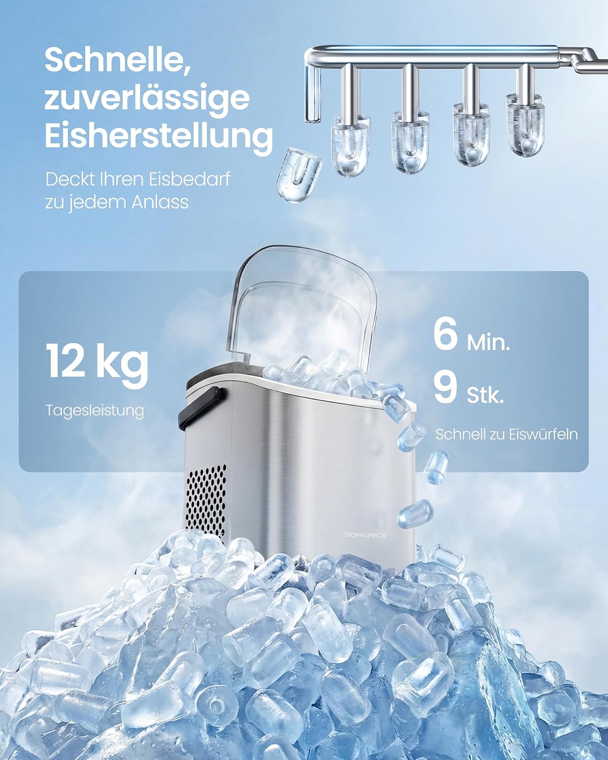 Eiswürfelmaschine 12 kg/24 h 2 Grössen Silber von Songmics