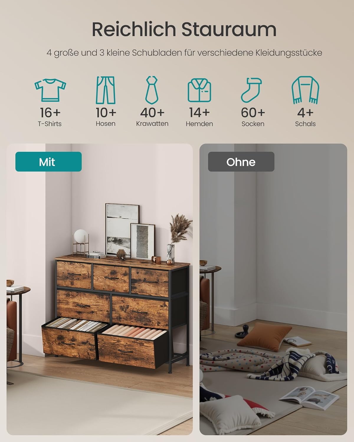 Kommode 7 Schubladen Stoff Schlafzimmer Vintage Braun von Songmics