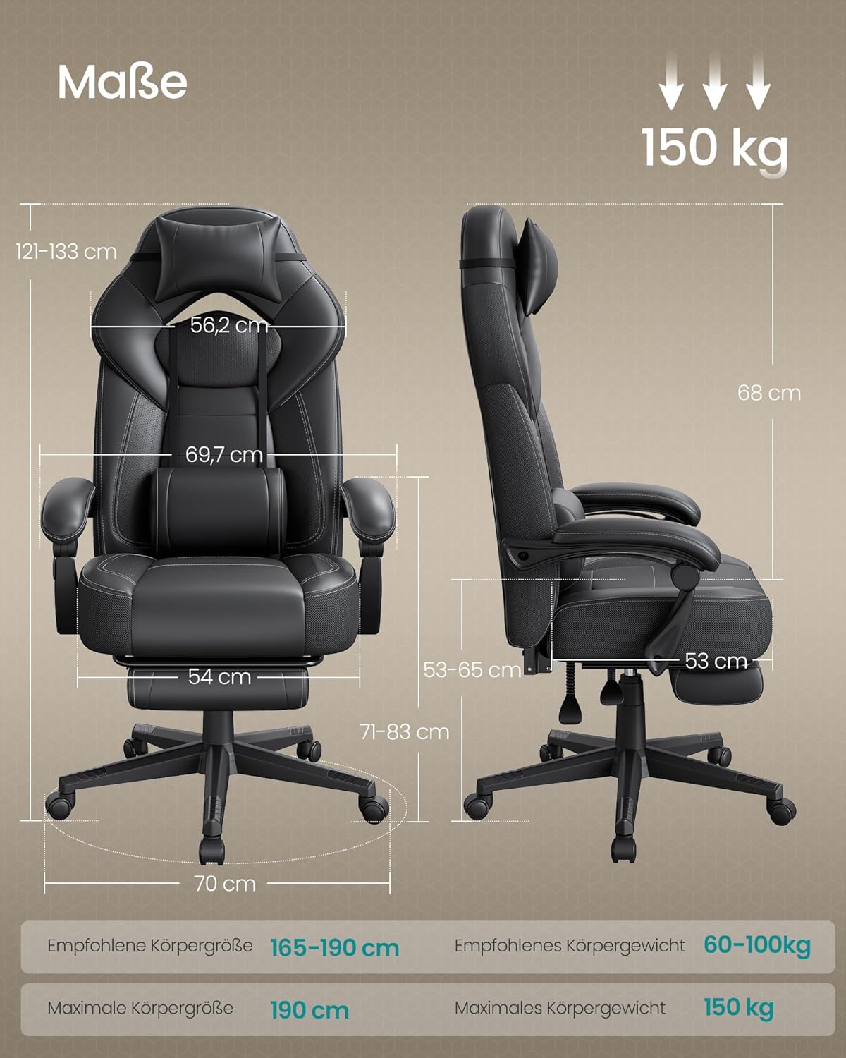 Gaming Stuhl mit Fußstütze und Lendenkissen bis 150 kg von Songmics