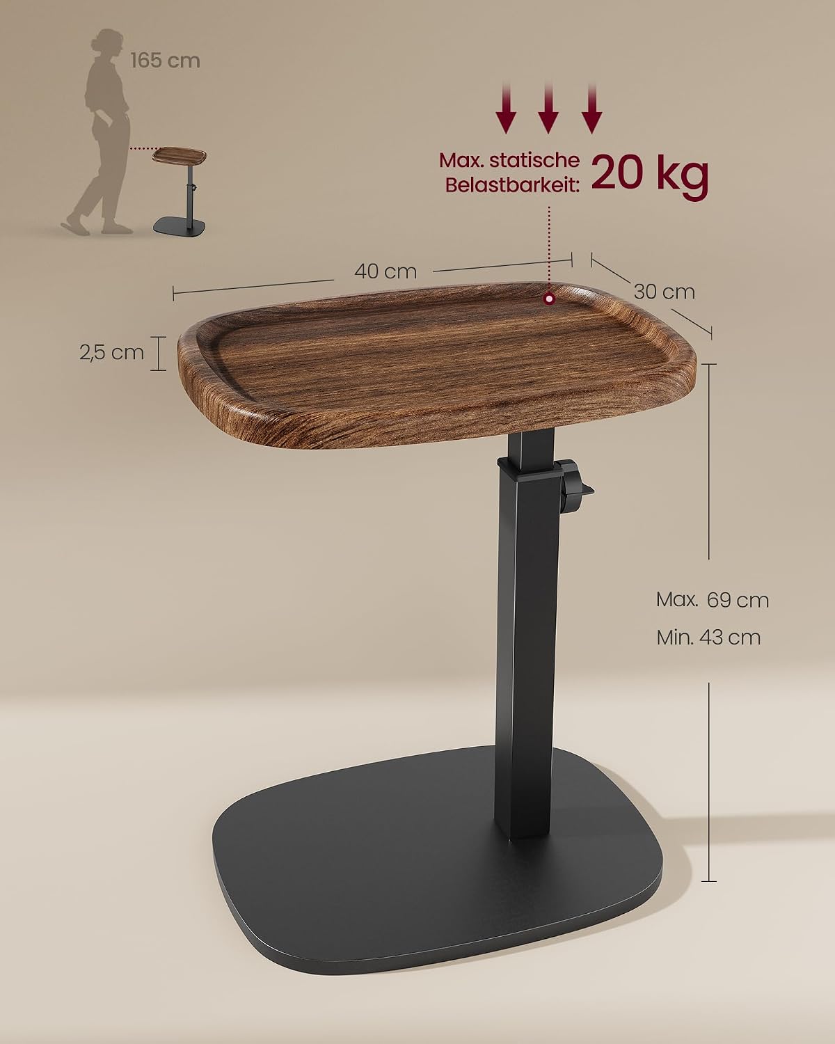 Beistelltisch C-Form höhenverstellbar 30x40x69 cm von Songmics