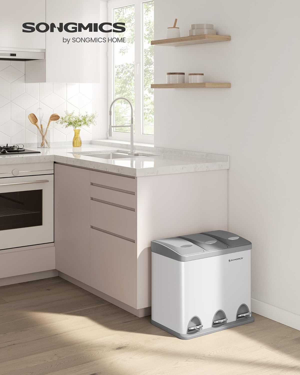 Mülltrenner 3 Fächer 24 l Tretmülleimer Weiss von Songmics