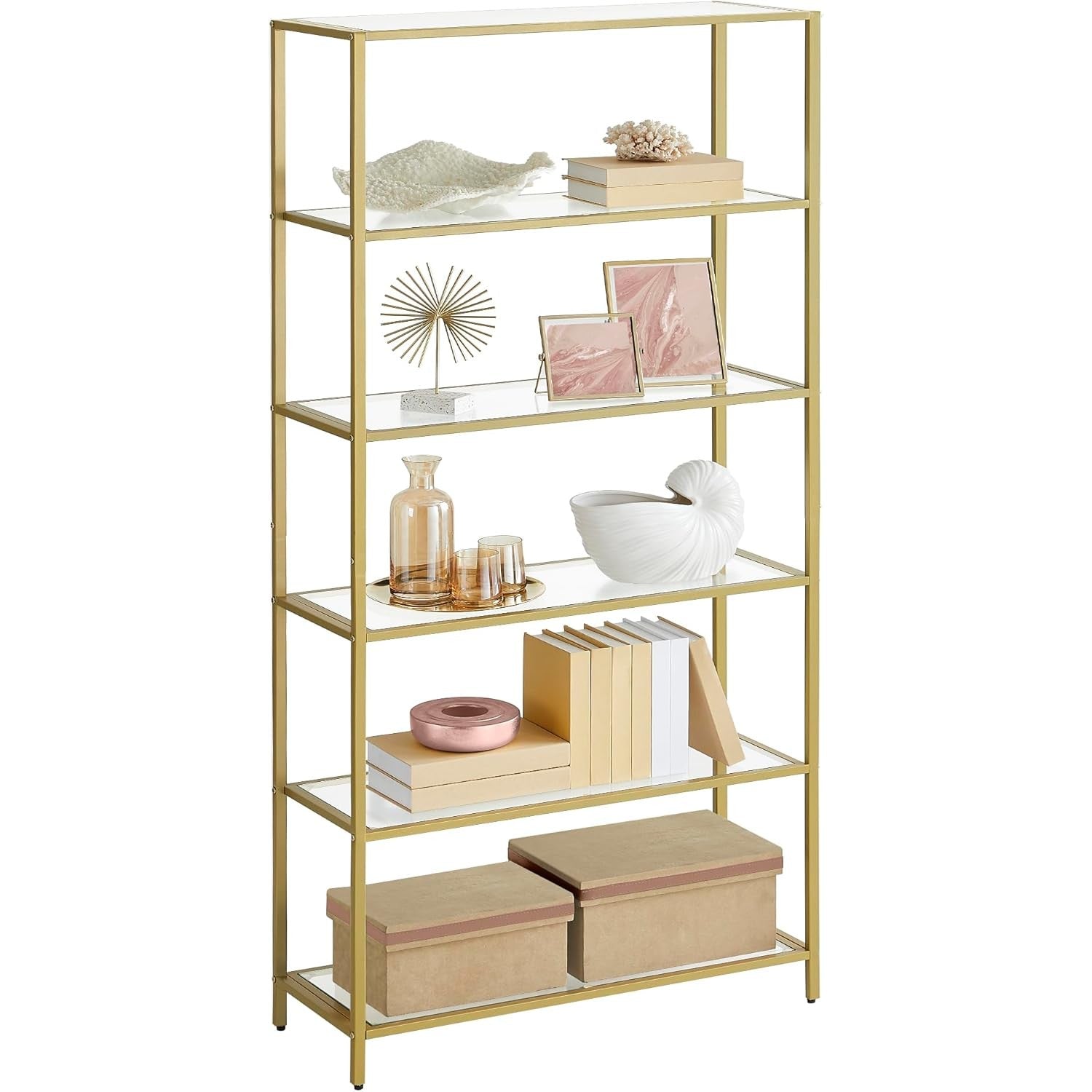 Badregal 6 Ablagen Glas Metall Gold Badezimmer Küche von Songmics