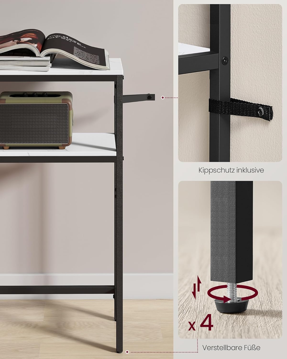 Konsolentisch schmal 2 Ablagen 80cm Marmor Weiß Schwarz von Songmics
