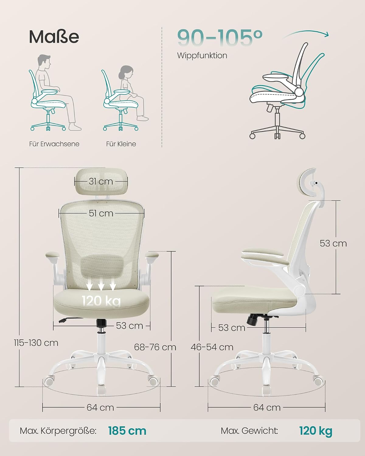 Ergonomischer Bürostuhl Kopfstütze Lendenstütze Beige von Songmics