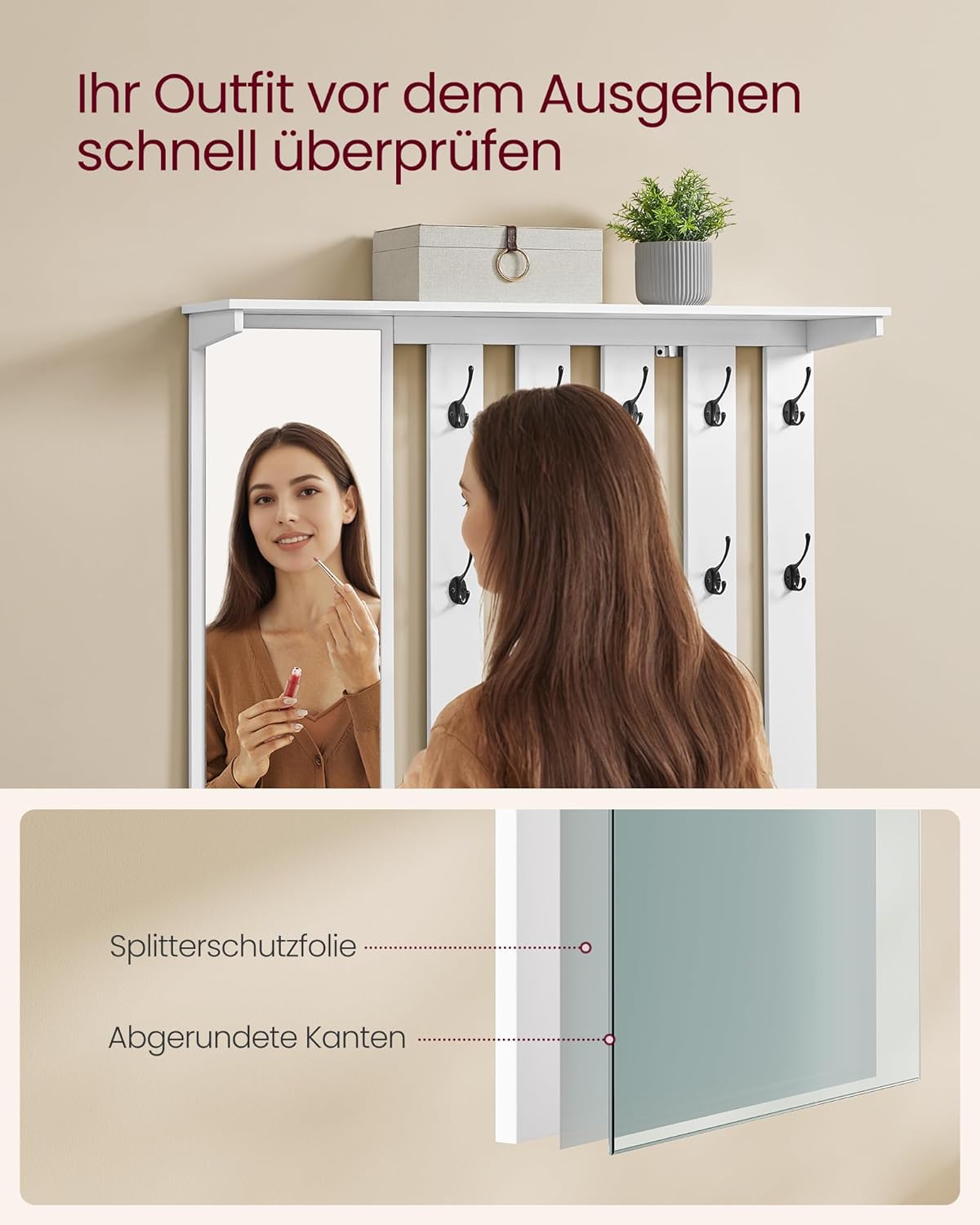 Schuhbank Set mit Spiegel Garderobe Haken Sitzpolster weiß von Songmics