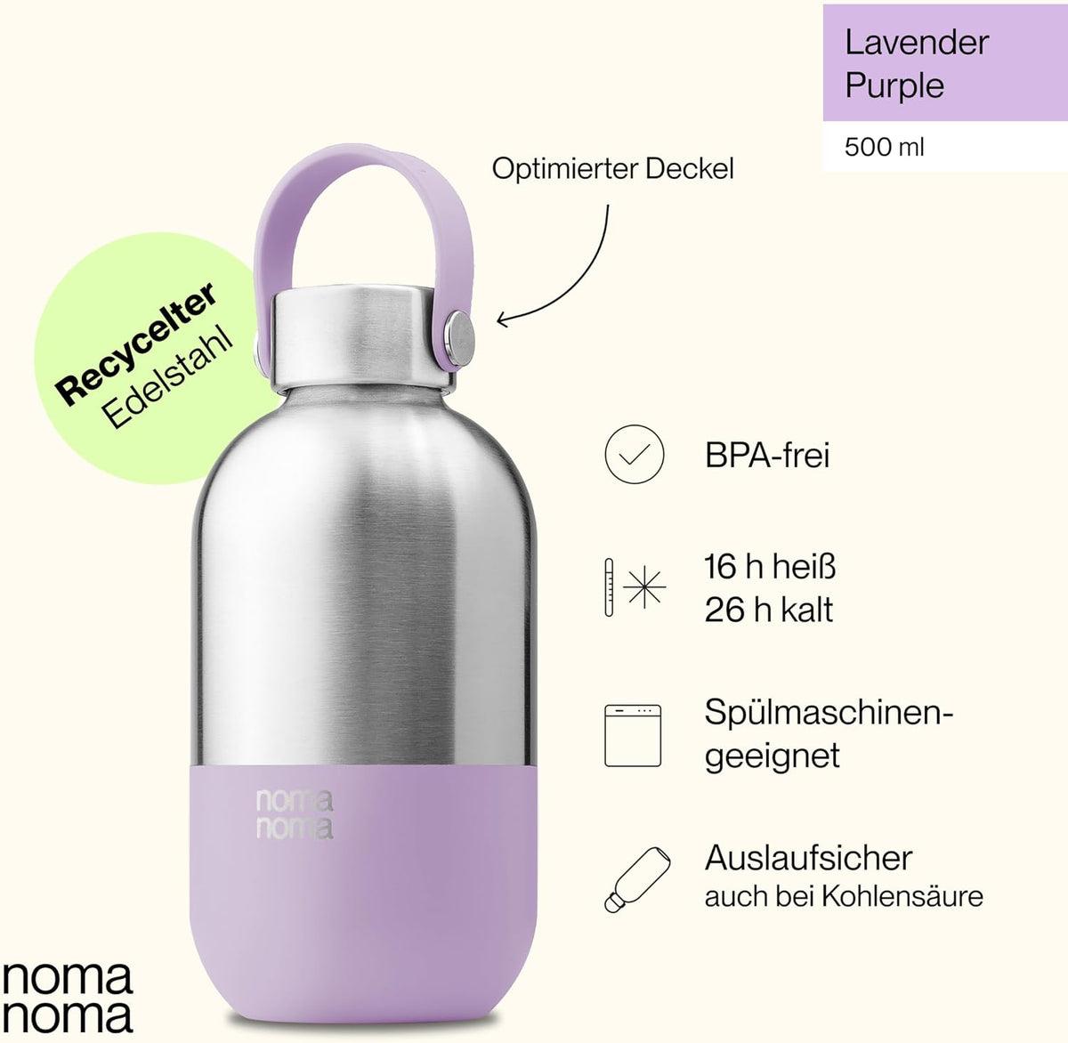 Trinkflasche Edelstahl auslaufsicher 500ml Lavender Purple von guteszeug.ch