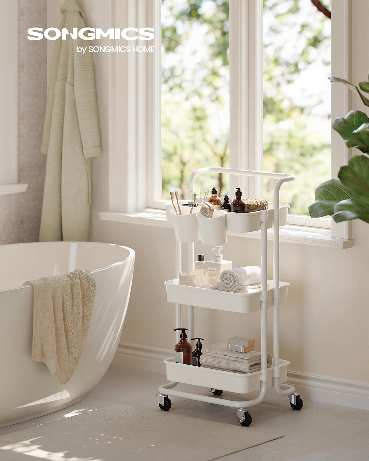Rollwagen 3 Ablagen 2 Hängefächer 86 cm Weiss von Songmics